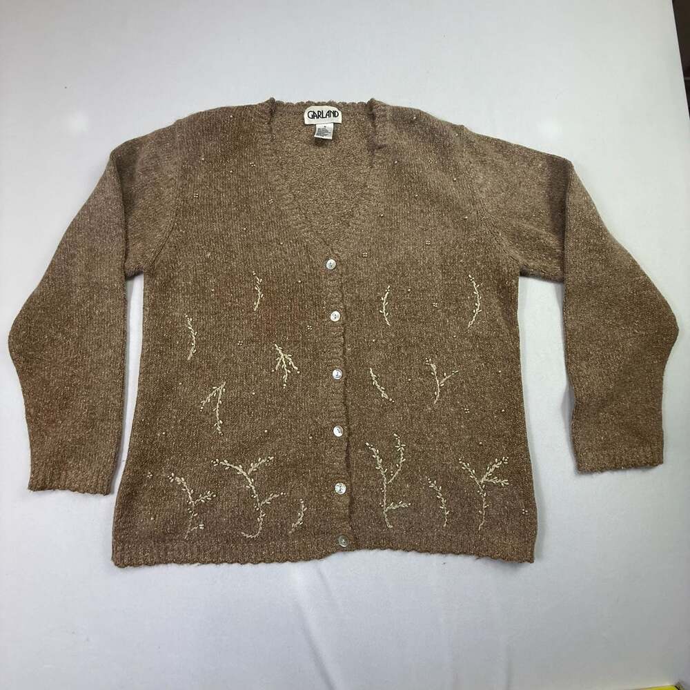 Garland Vintage Silk Angora Blend Beaded Floral Cardigan Sweater Brown Size M